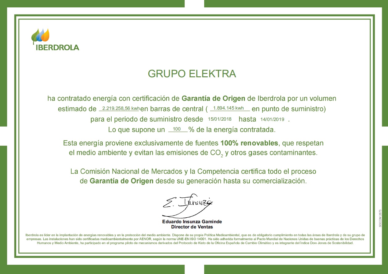 <!--:es-->El 100% de la energía contratada por Grupo Elektra procede de fuentes renovables<!--:-->