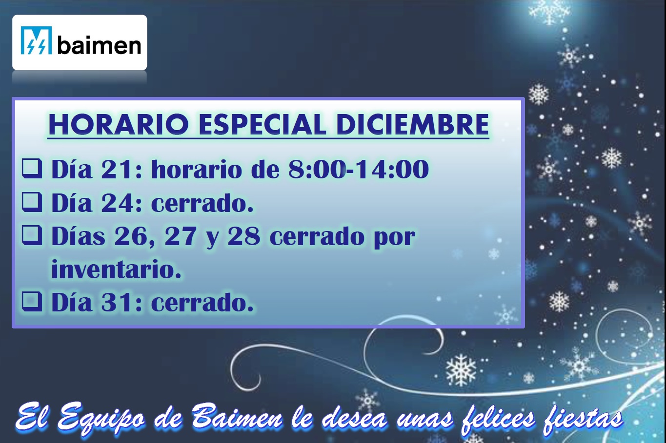 <!--:es-->Baimen: Horario especial diciembre 2019<!--:-->